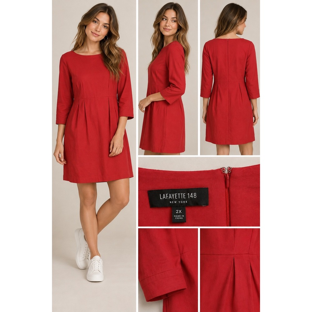 Lafayette 148 New York Red Boat Neck 3/4 Sleeve Pleated Sheath Dress 2X